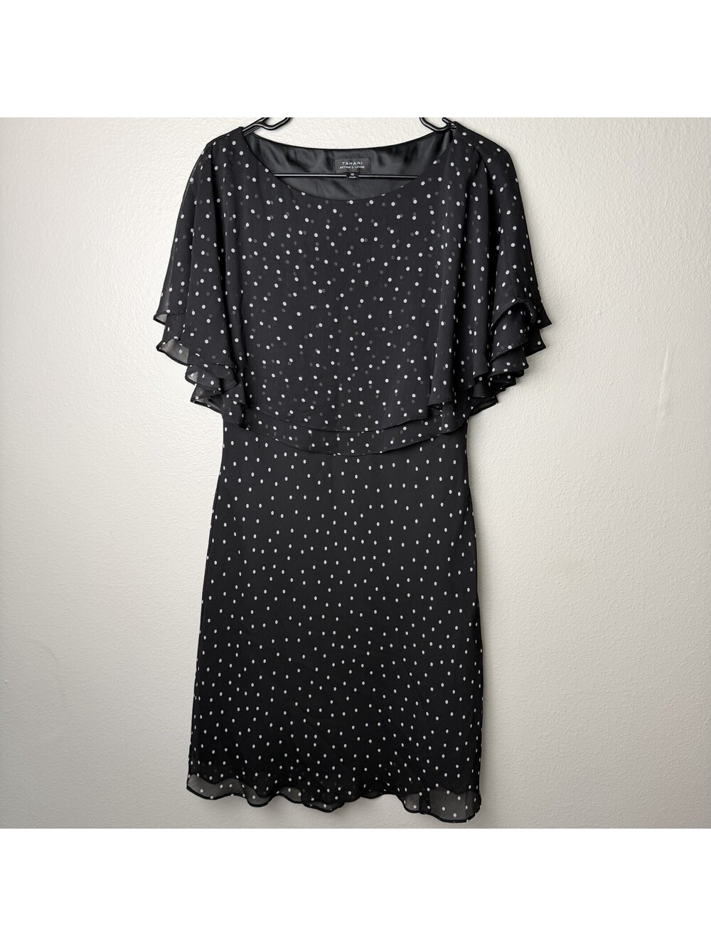 Tahari Arthur S. Levine Black White Polka Dot Chiffon Overlay Dress Women’s 10